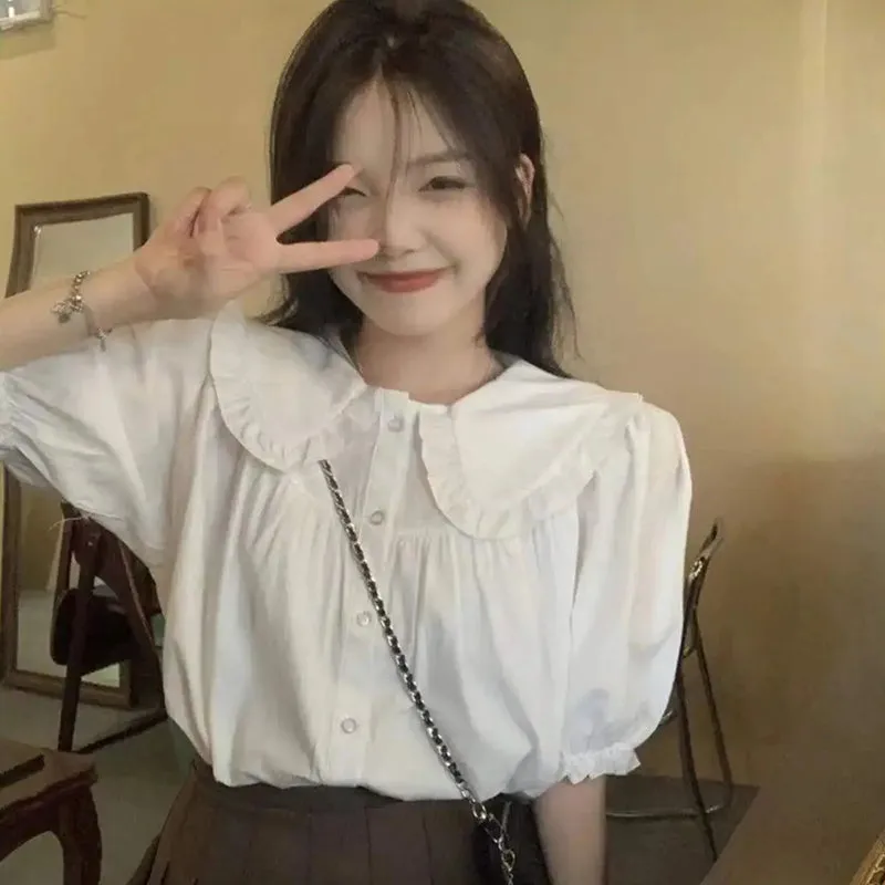 JazzHer Shirt Women Summer Peter Pan Collar Ruffles Loose Preppy Style Japanese Tops Sweet Kawaii All Match Short Sleeve Blouse Female