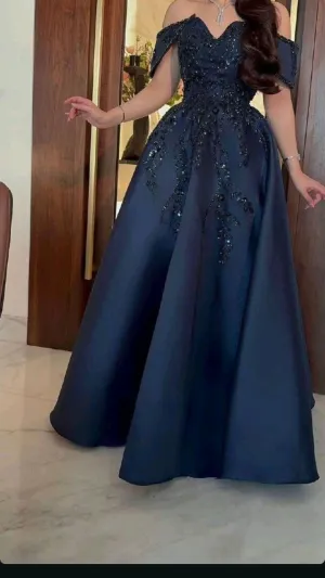 JazzHer Vintage A line Off The Shoulder Navy Blue Satin Lace Long Evening Dress Prom Dresses (PRE-ORDER)