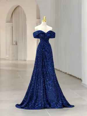 JazzHer Vintage A line Off The Shoulder Royal Blue Sequin Long Evening Dress Prom Dresses (PRE-ORDER)