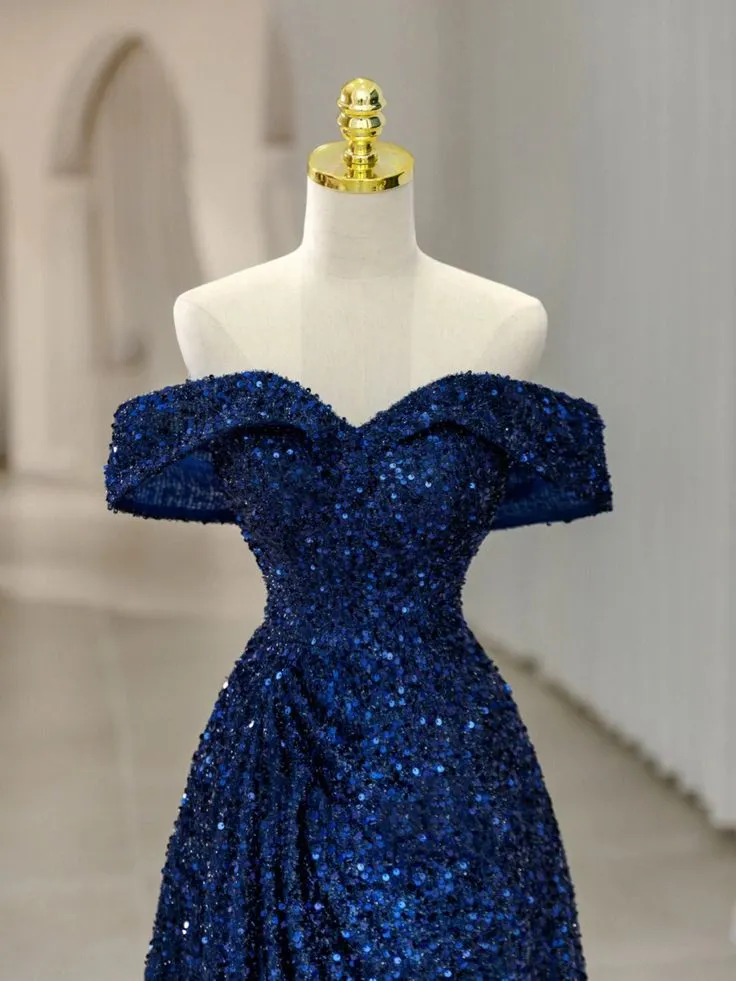 JazzHer Vintage A line Off The Shoulder Royal Blue Sequin Long Evening Dress Prom Dresses (PRE-ORDER)
