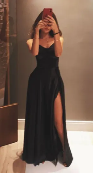 JazzHer Vintage A Line Spaghetti Straps Black Slit Long Prom Dresses Evening Gowns (PRE-ORDER)