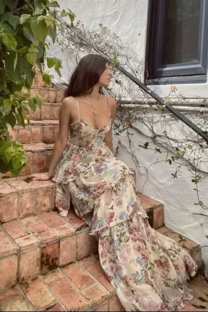 JazzHer Vintage A Line Spaghetti Straps Floral Chiffon Long Evening Dress Prom Dresses Birthday Outfits BD  (PRE-ORDER)