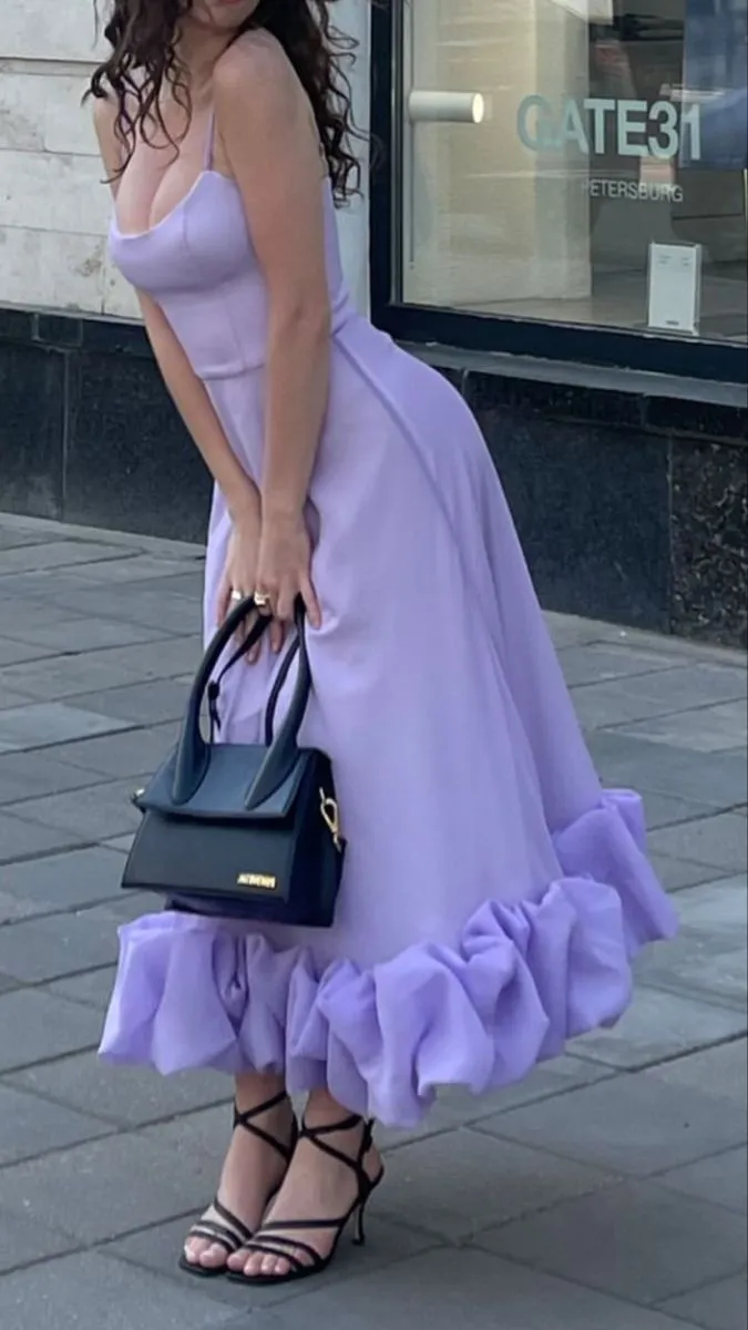 JazzHer Vintage A line Spaghetti Straps Lilac Satin Evening Dress Ruffles Prom Dresses BD  (PRE-ORDER)