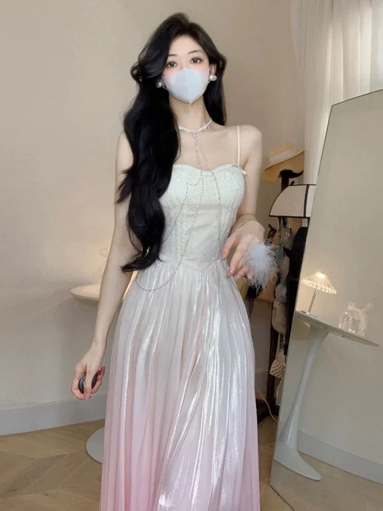 JazzHer Vintage A Line Spaghetti Straps Ombre Pink Long Evening Dress Prom Dresses (PRE-ORDER)