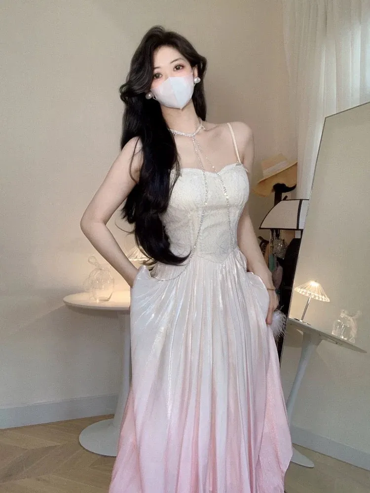 JazzHer Vintage A Line Spaghetti Straps Ombre Pink Long Evening Dress Prom Dresses (PRE-ORDER)