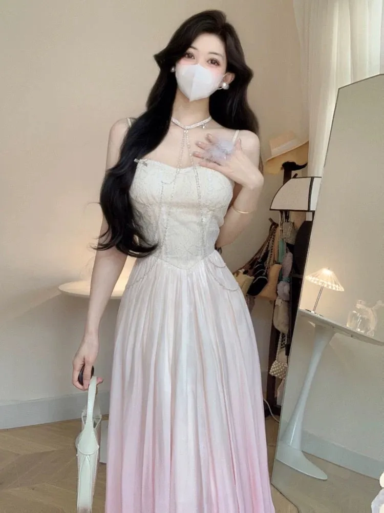 JazzHer Vintage A Line Spaghetti Straps Ombre Pink Long Evening Dress Prom Dresses (PRE-ORDER)