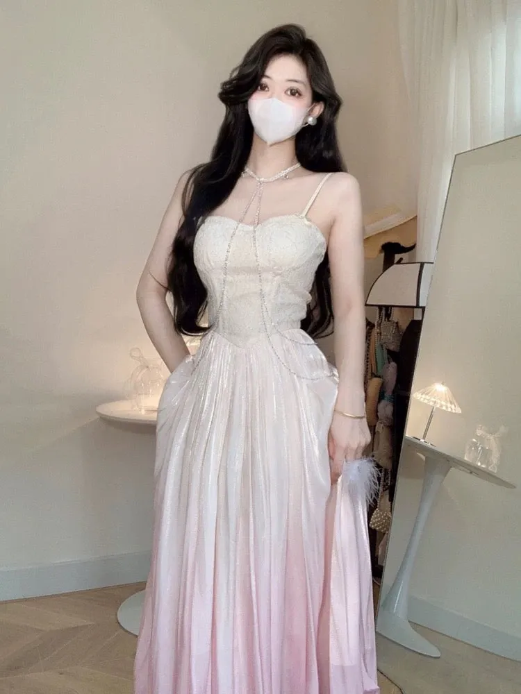 JazzHer Vintage A Line Spaghetti Straps Ombre Pink Long Evening Dress Prom Dresses (PRE-ORDER)
