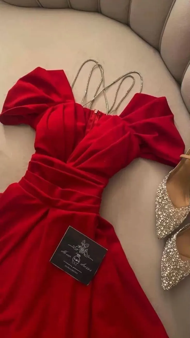 JazzHer Vintage A Line Spaghetti Straps Red Satin Beading Evening Dress Prom Dresses (PRE-ORDER)