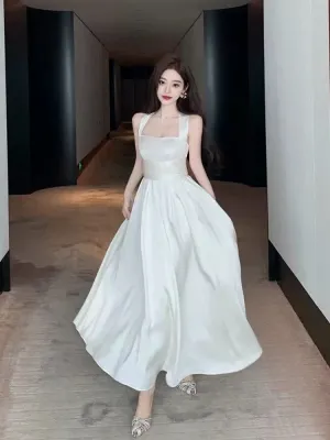 JazzHer Vintage A Line Square Neckline White Satin Evening Dress Prom Dresses (PRE-ORDER)