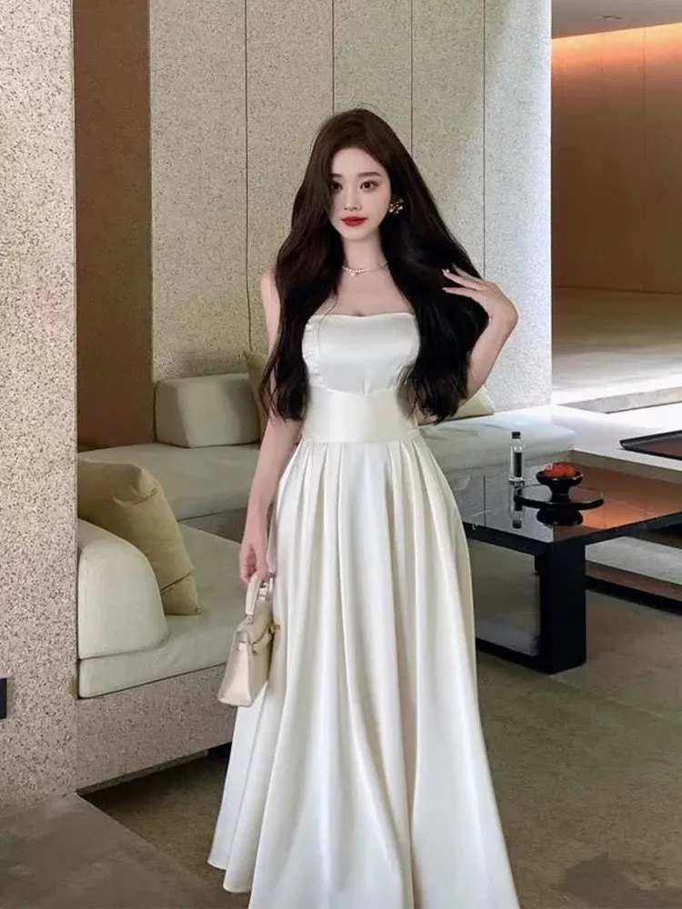JazzHer Vintage A Line Square Neckline White Satin Evening Dress Prom Dresses (PRE-ORDER)