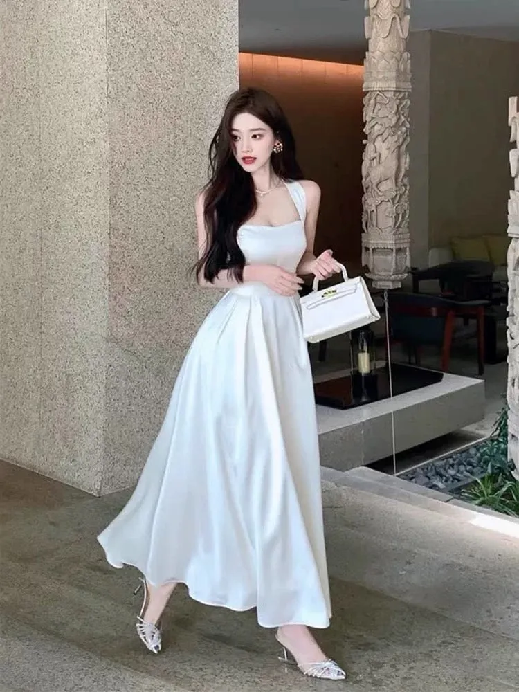 JazzHer Vintage A Line Square Neckline White Satin Evening Dress Prom Dresses (PRE-ORDER)