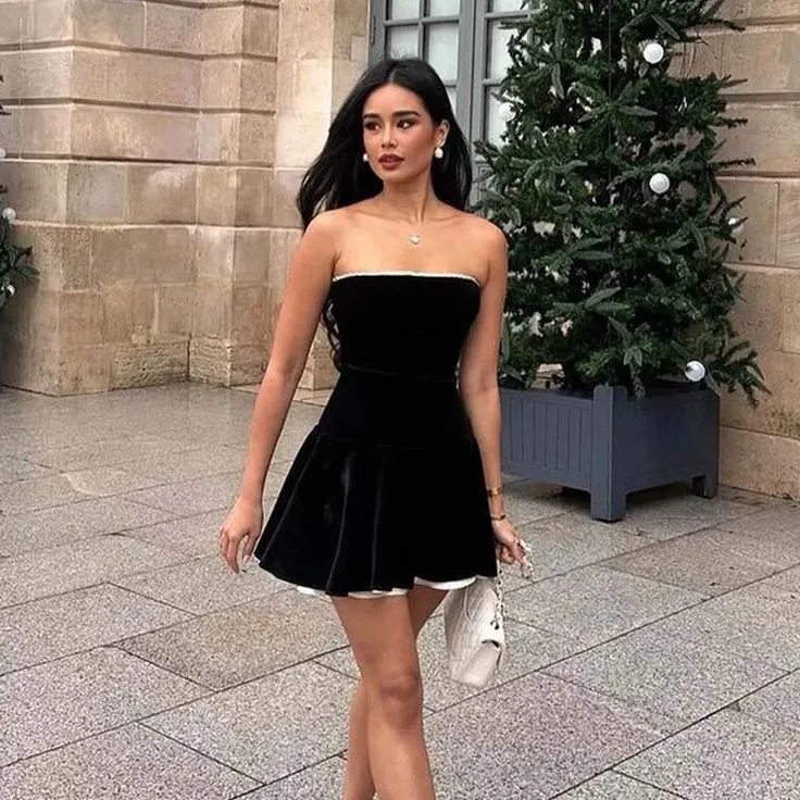 JazzHer Vintage A Line Strapless Black Velvet Homecoming Dresses th Birthday Outfits (PRE-ORDER)