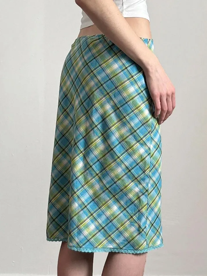 JazzHer Vintage Lace Trim Contrast Plaid Midi Skirt