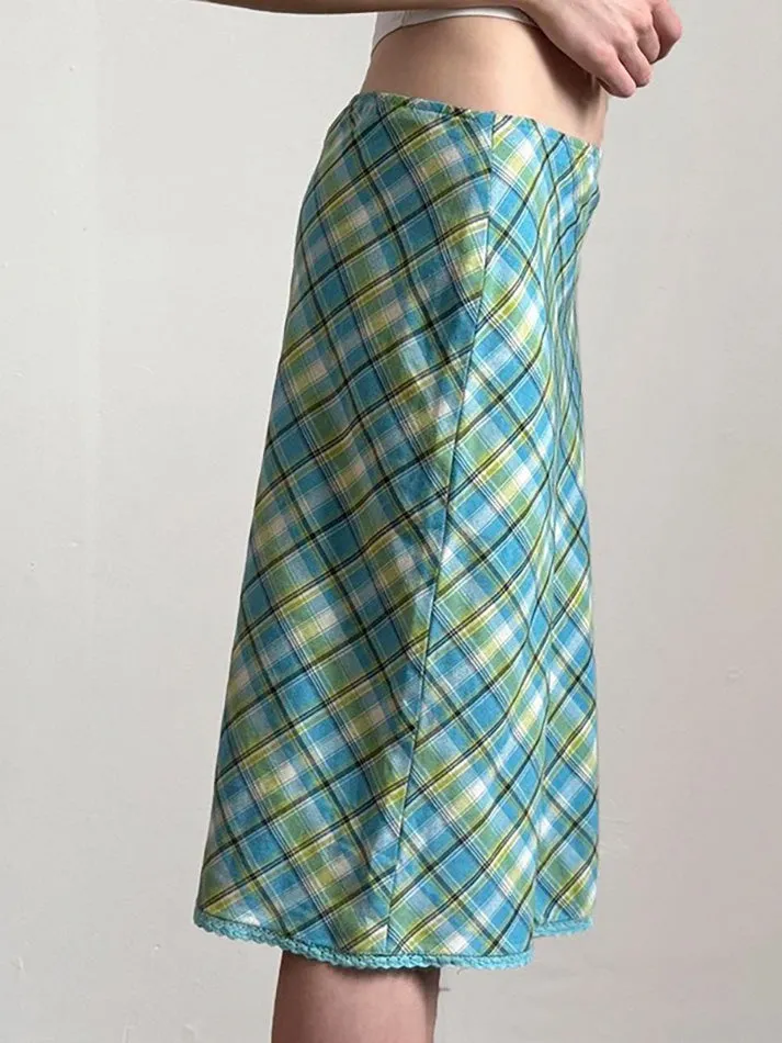 JazzHer Vintage Lace Trim Contrast Plaid Midi Skirt