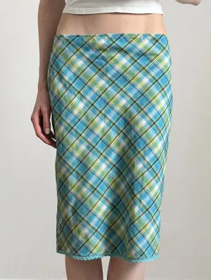 JazzHer Vintage Lace Trim Contrast Plaid Midi Skirt