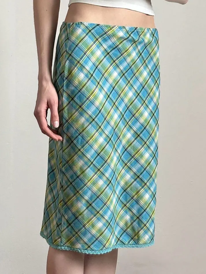 JazzHer Vintage Lace Trim Contrast Plaid Midi Skirt