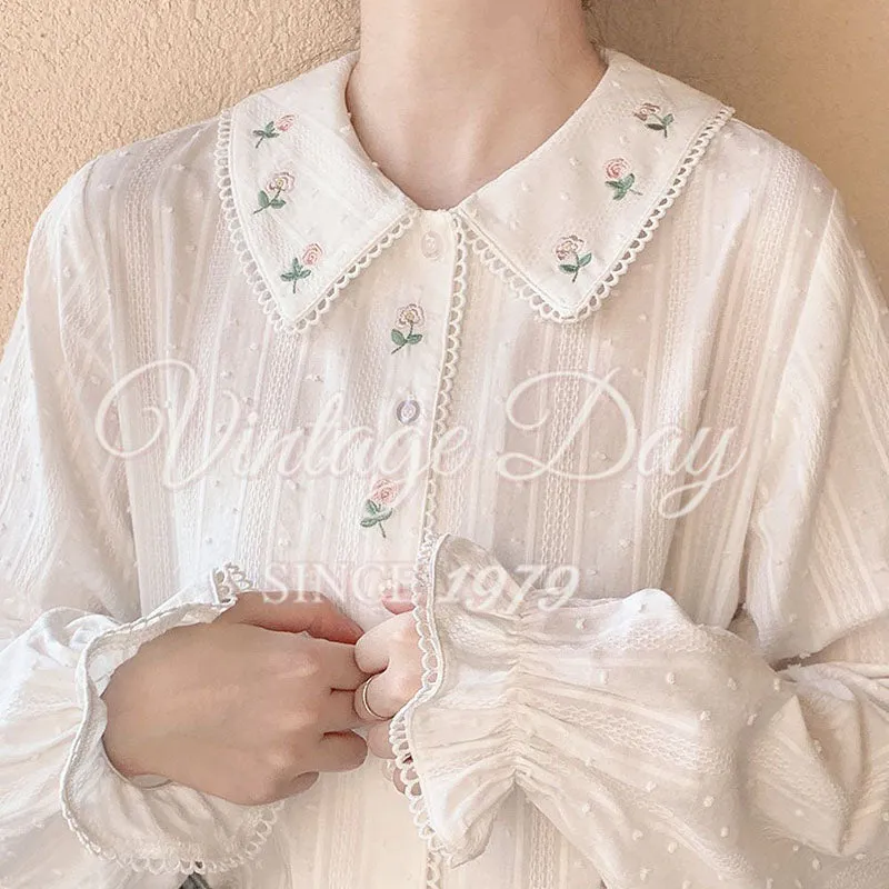JazzHer Vintage Long Sleeve Shirts Women Sweet Floral Embroidery Loose Peter Pan Collar Tops All Match Cute Preppy Style Female Blouse