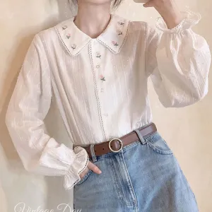JazzHer Vintage Long Sleeve Shirts Women Sweet Floral Embroidery Loose Peter Pan Collar Tops All Match Cute Preppy Style Female Blouse