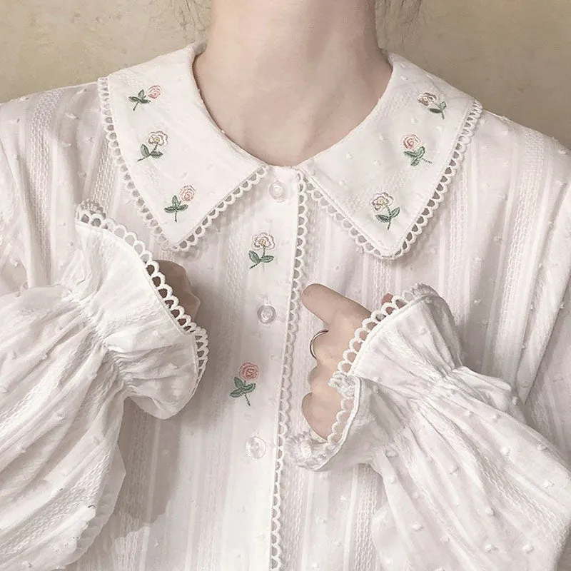 JazzHer Vintage Long Sleeve Shirts Women Sweet Floral Embroidery Loose Peter Pan Collar Tops All Match Cute Preppy Style Female Blouse