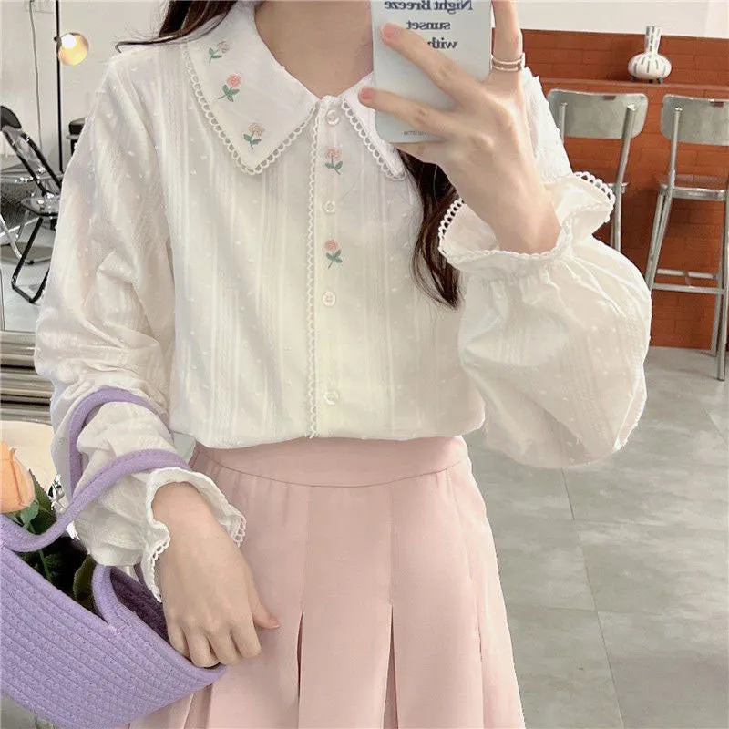 JazzHer Vintage Long Sleeve Shirts Women Sweet Floral Embroidery Loose Peter Pan Collar Tops All Match Cute Preppy Style Female Blouse