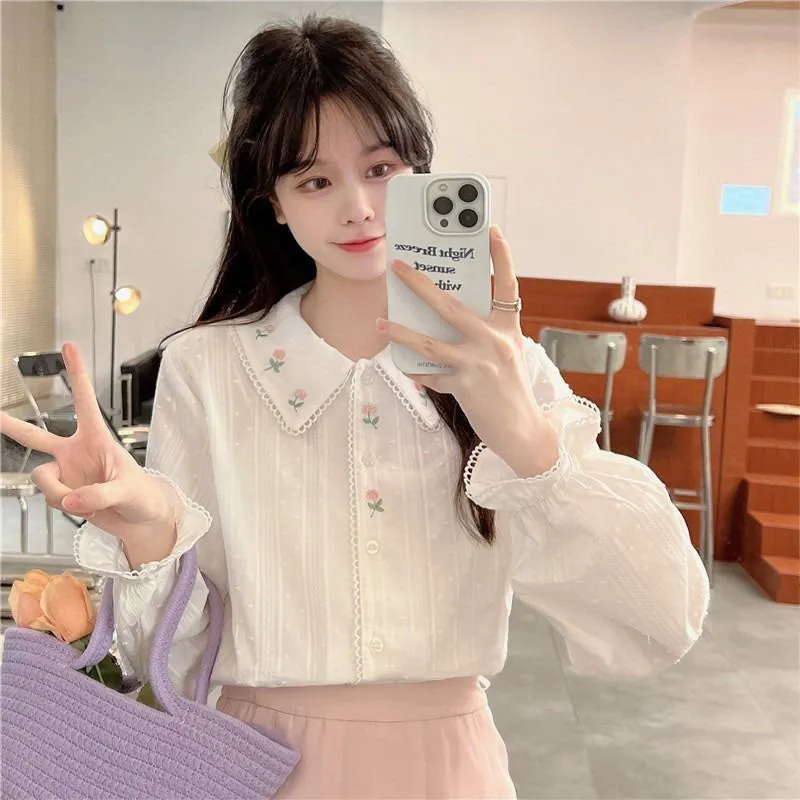 JazzHer Vintage Long Sleeve Shirts Women Sweet Floral Embroidery Loose Peter Pan Collar Tops All Match Cute Preppy Style Female Blouse