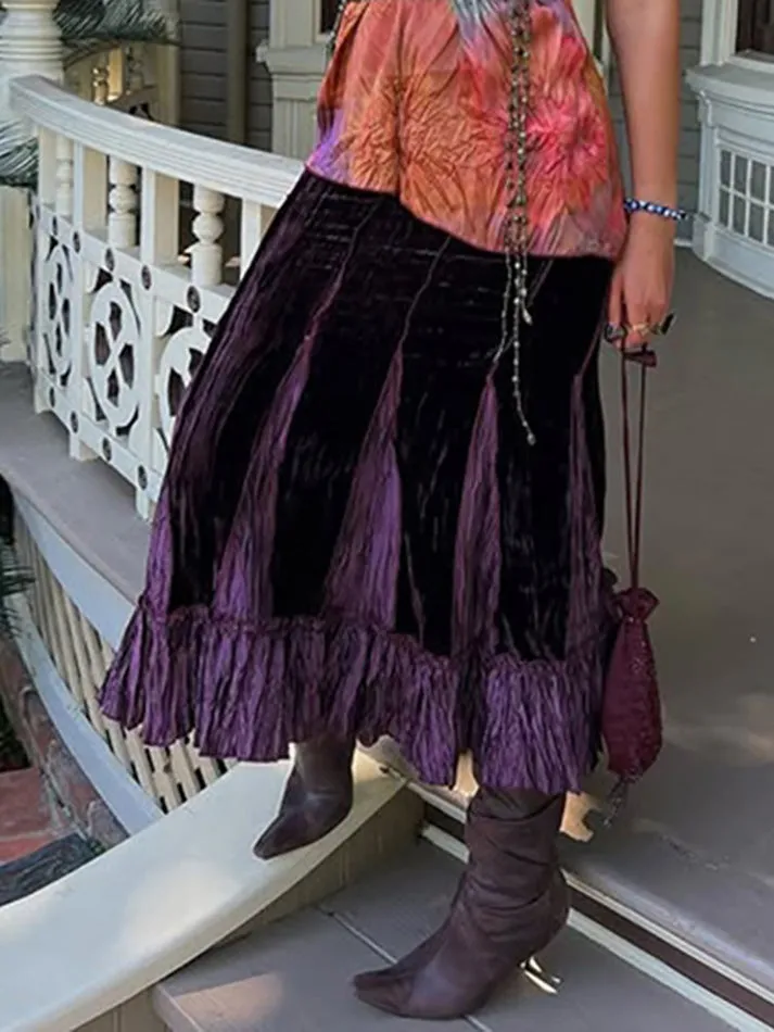 JazzHer Vintage Purple Ruched Patchwork Midi Skirt