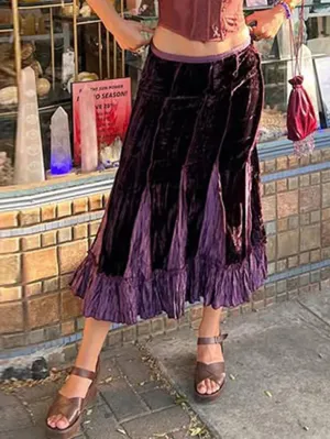 JazzHer Vintage Purple Ruched Patchwork Midi Skirt