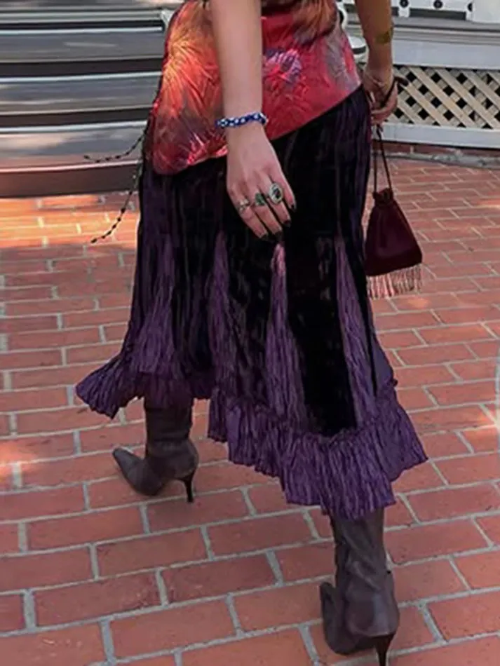 JazzHer Vintage Purple Ruched Patchwork Midi Skirt