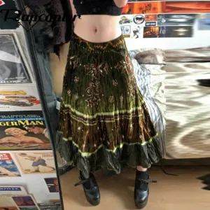 JazzHer-y2k Grunge Print Pleated Skirts Women Fairycore Velvet Vintage Bohemian Hippie Long Skirts Holiday Harajuku Outfits
