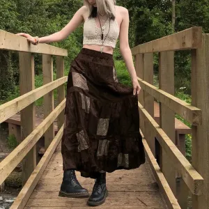 JazzHer-Y2K Vintage Brown Patchwork Long Skirts Printed Boho Grunge Fairycore Retro Pleated Skirts Kawaii Holiday Women Streetwear