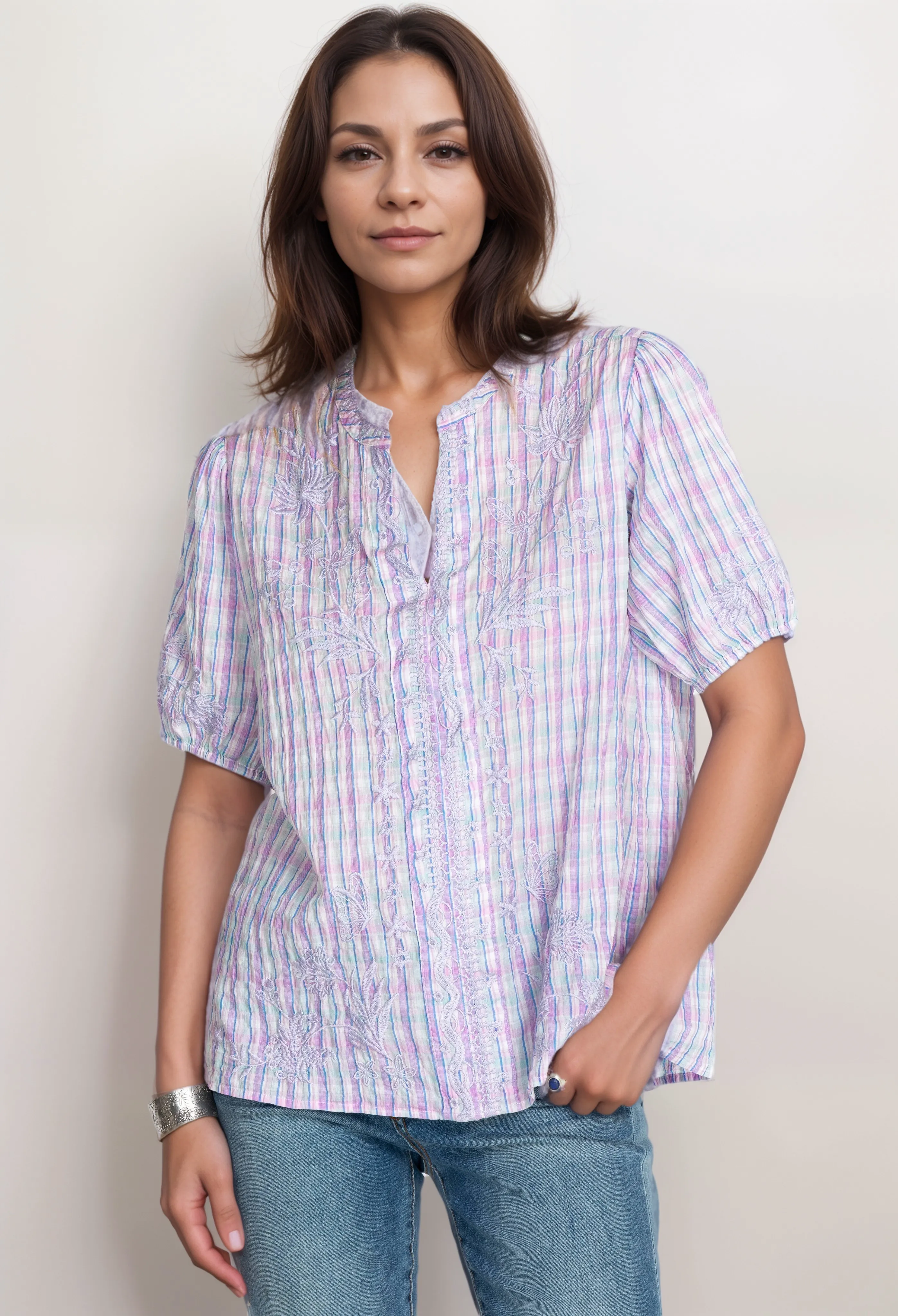 Johnny Was Malo Puff Sleeve Blouse Boho Chic W12922