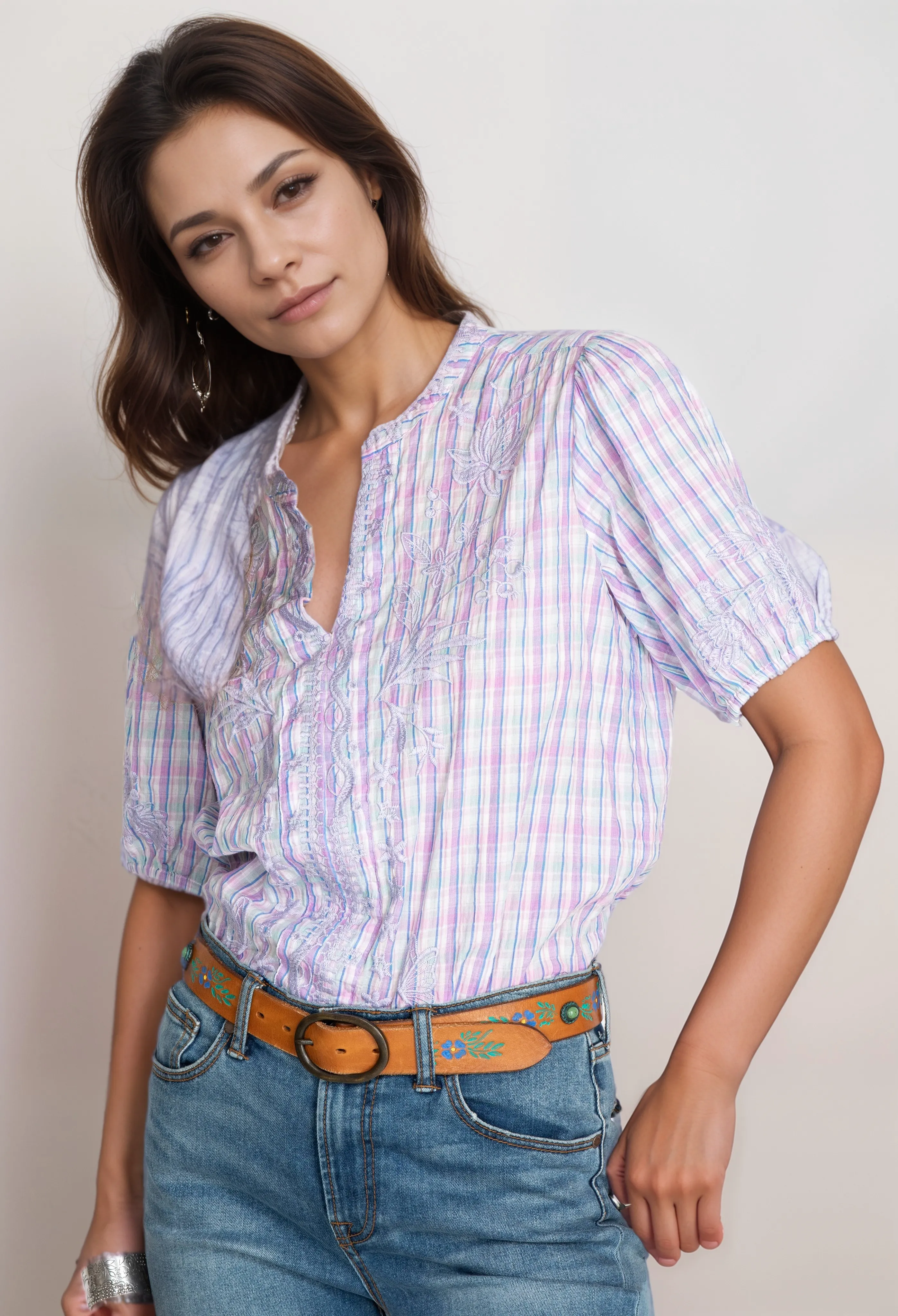 Johnny Was Malo Puff Sleeve Blouse Boho Chic W12922