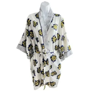 JOSIE BY Natori White Flowerings Midi Long Sleeves Vintage Kimono Robe One Size