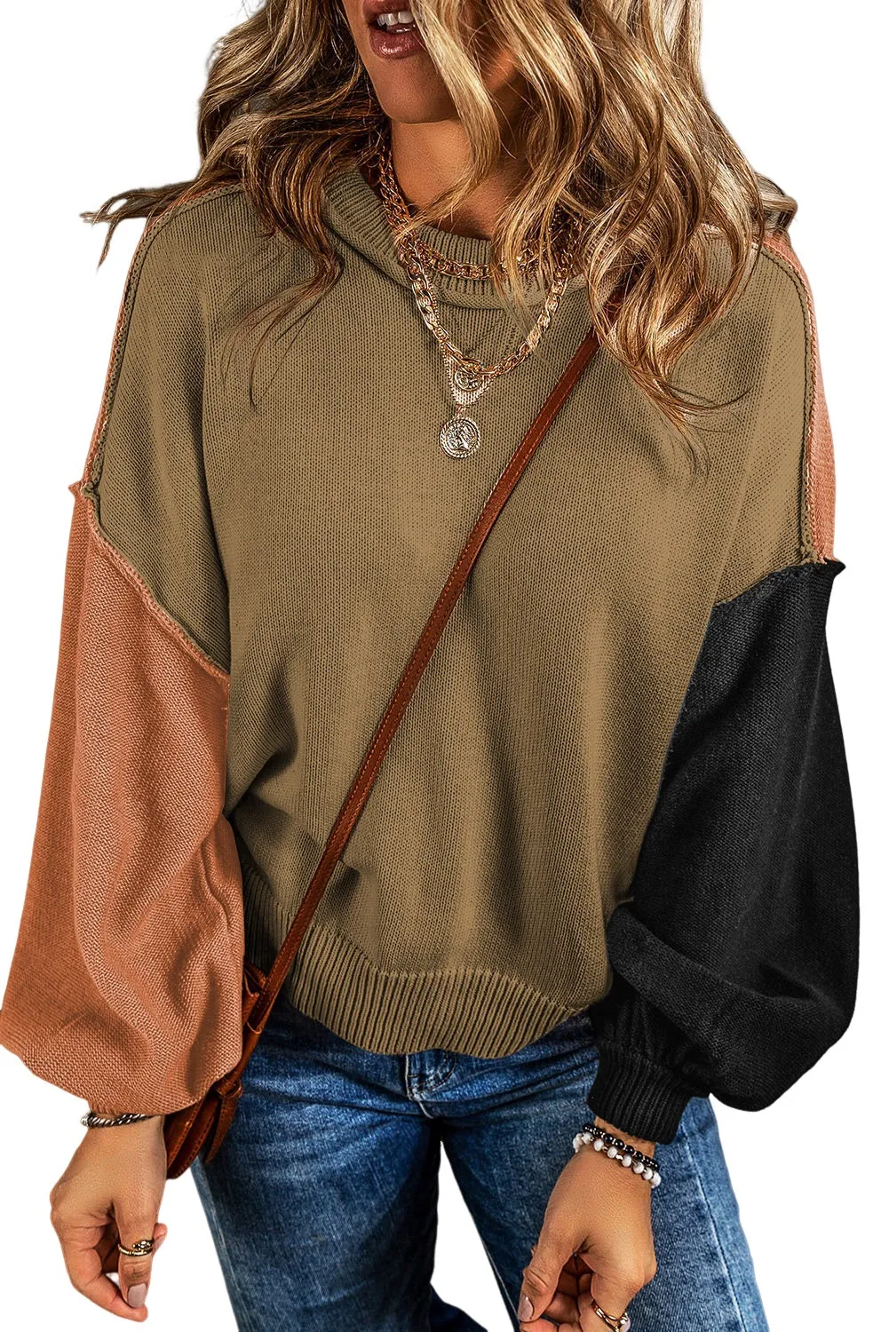 Jungle Green Colorblock Bishop Sleeve Ribbed Trim Sweater