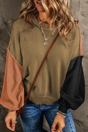Jungle Green Colorblock Bishop Sleeve Ribbed Trim Sweater