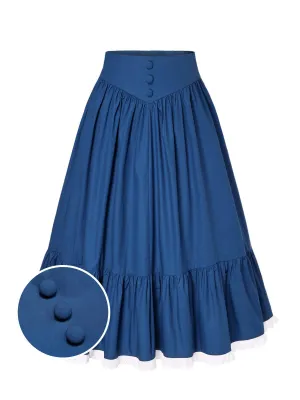 Jupe plissée en coton bleu des années 1940 avec ourlet en dentelle