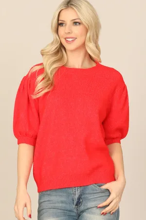 KNITTED HALF PUFF SLEEVE ROUND NECK TOP