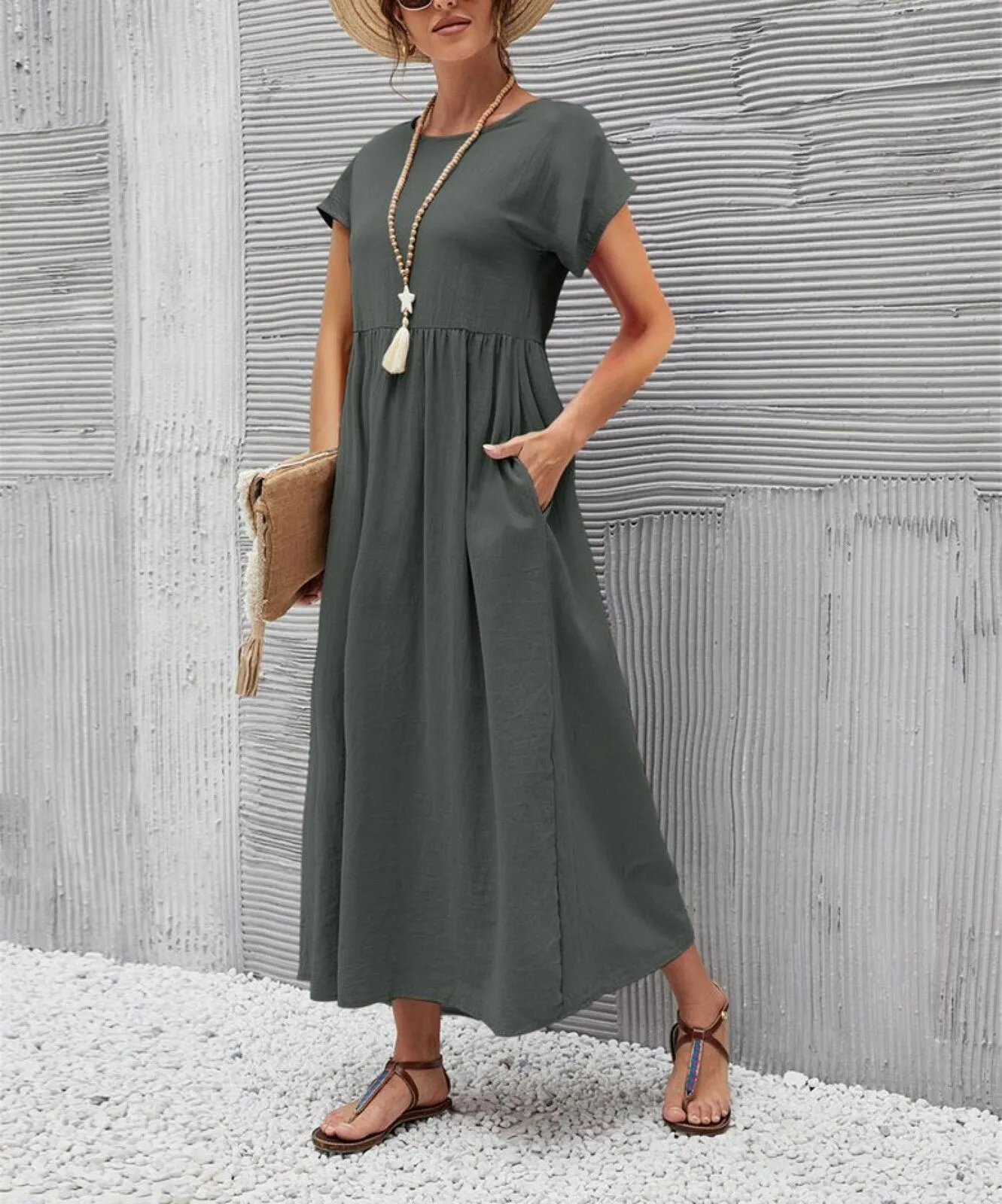 La Mode Womens Pleated Short-Sleeve Midi Dress BJHAL