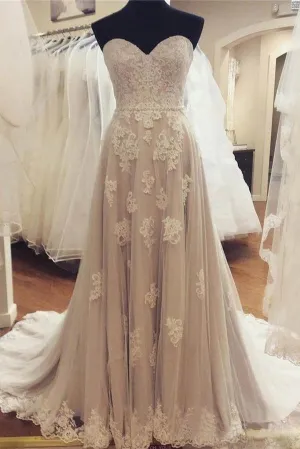 Lace A-line Strapless Sweetheart Neck Appliqued Wedding Dresses,MW321