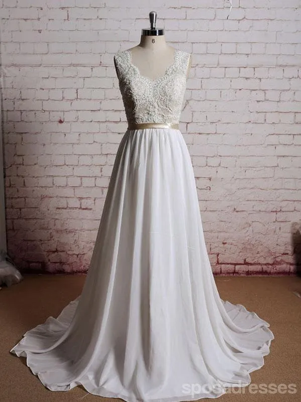 Lace V Neck A-line Cheap Beach Wedding Dresses Online, WD386