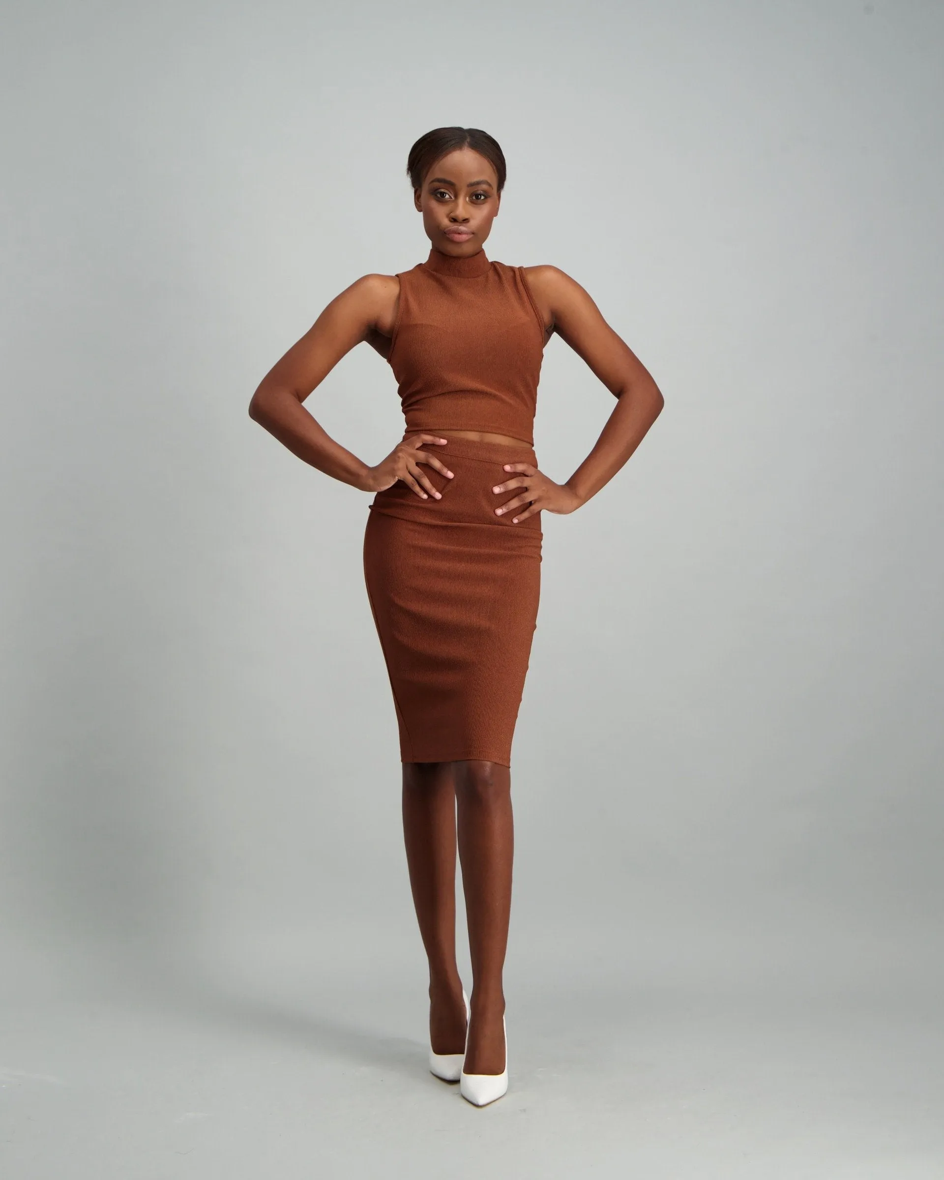 Ladies Midi Rib Skirt - Rust