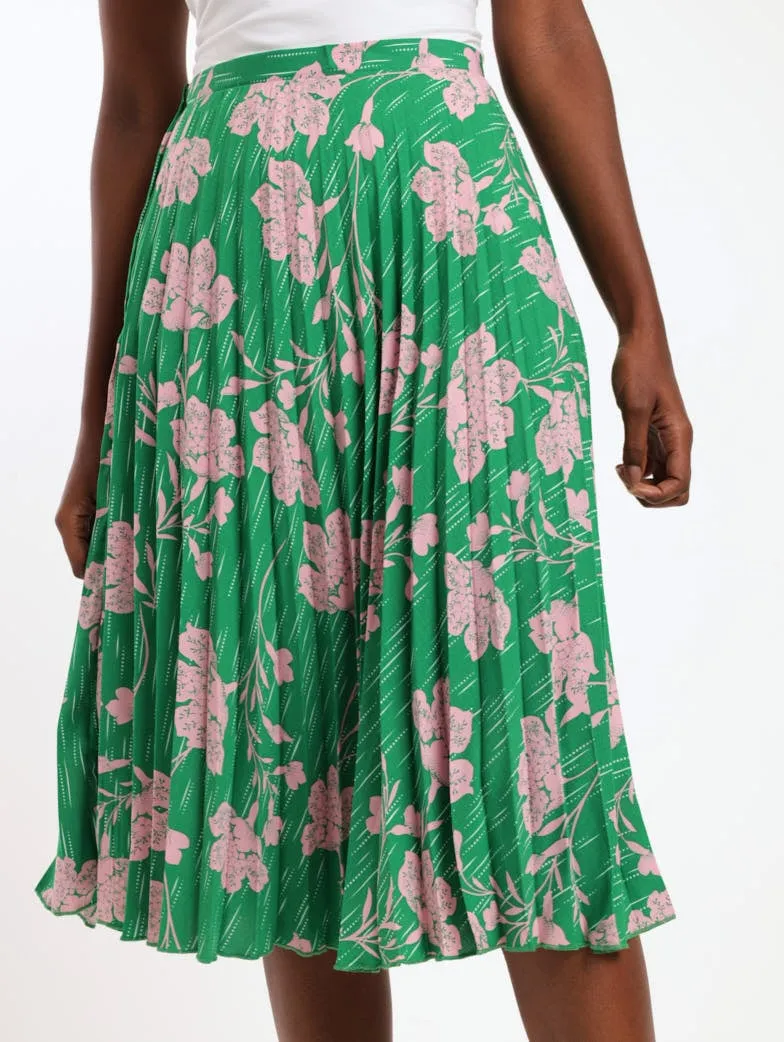 Ladies Pleated Floral Midi Skirt - Green