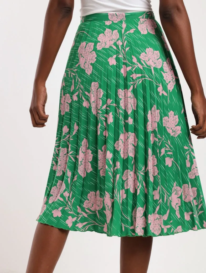 Ladies Pleated Floral Midi Skirt - Green