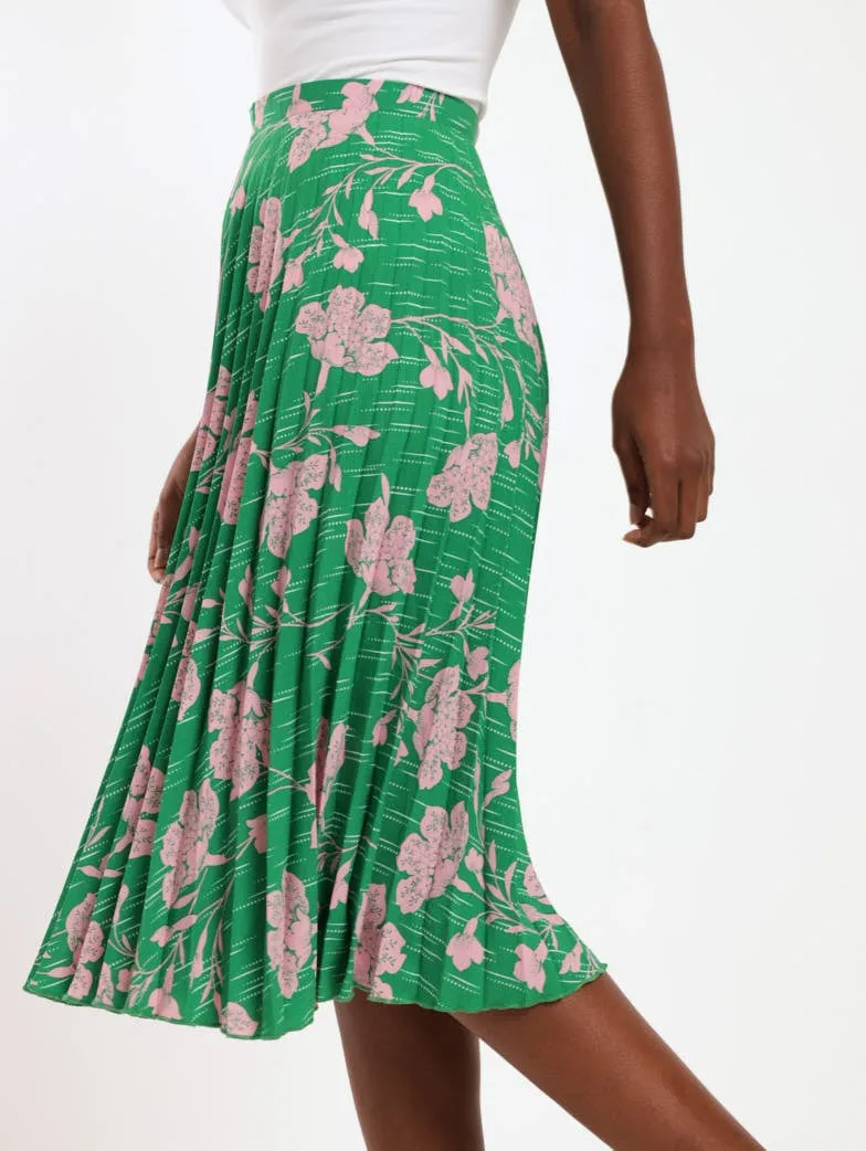 Ladies Pleated Floral Midi Skirt - Green