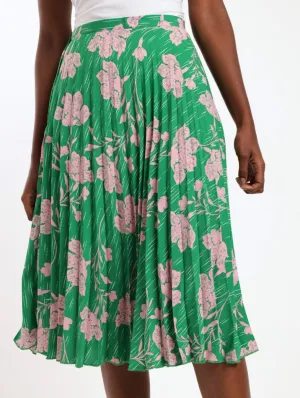 Ladies Pleated Floral Midi Skirt - Green