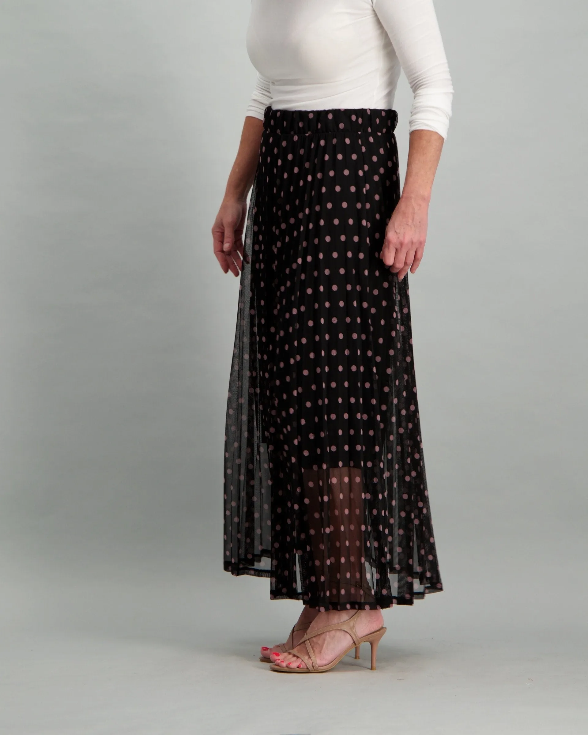 Ladies Spot Mesh Pleated Skirt - Black