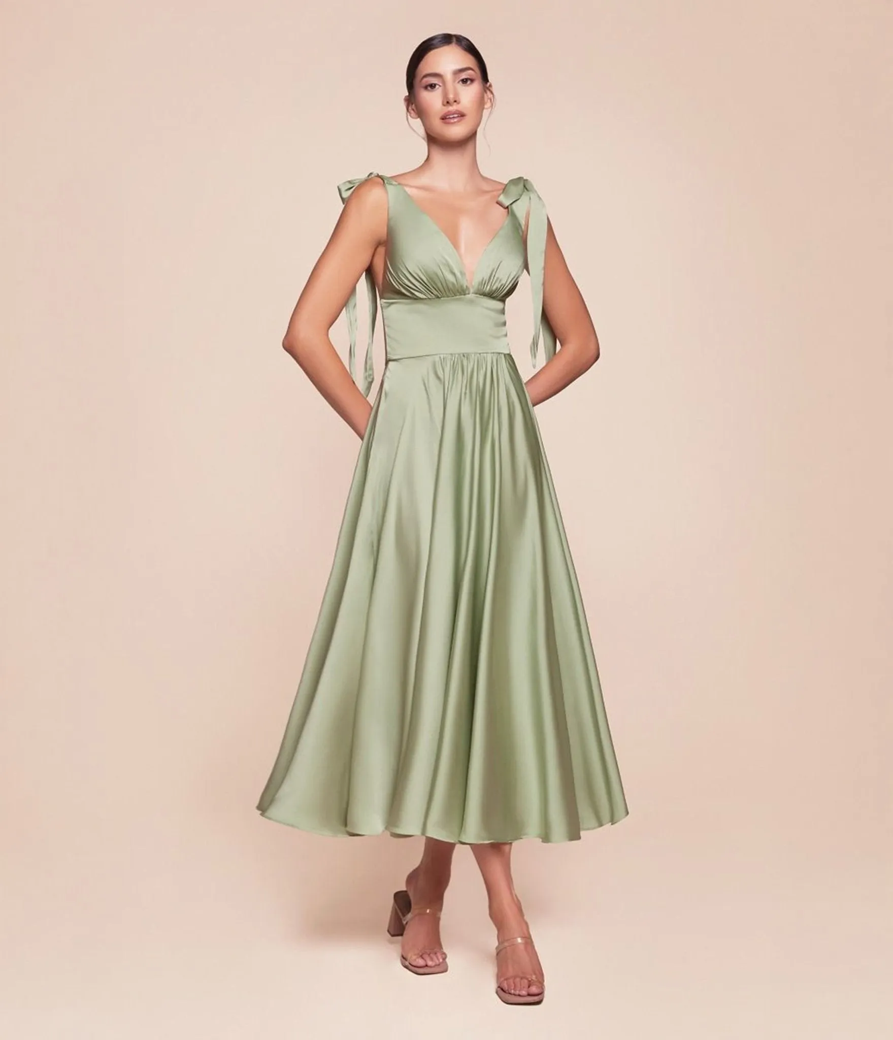 Ladivine by Cinderella Divine Sage Tea Length Satin A-Line Dress