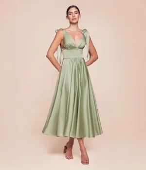 Ladivine by Cinderella Divine Sage Tea Length Satin A-Line Dress