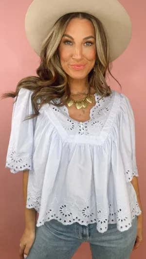 Lania Eyelet   Flutter Sleeve in Skyway