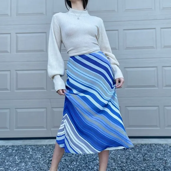 Lauren Ralph Lauren Flowy Blue Striped Y2K Vintage Midi Slip Skirt 6 Petite